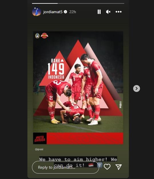 Jordi Amat mengungkapkan ogah puas dan mengincar peringkat yang tinggi lagi untuk timnas Indonesia. (Instagram/jordiamat5)