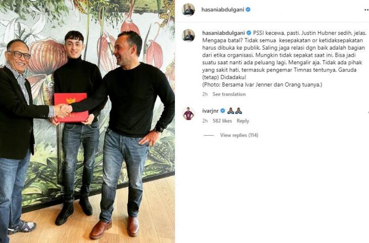 Ivar Jenner merespons kabar batalnya Justin Hubner dinaturalisasi. (Instagram/hasaniabdulgani)