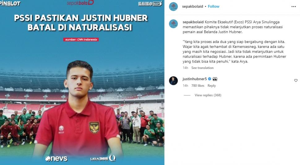 Justin Hubner merespons kabar dirinya batal dinaturalisasi PSSI.(Instagram/sepakbolaid)