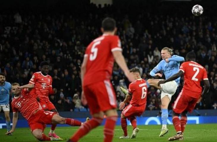 Aksi Erling Haaland saat Manchester City taklukkan Bayern Munich 3-0 di Liga Champions. (AFP)