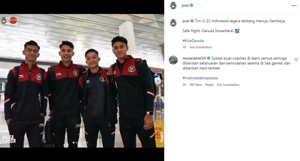 Nova Arianto dukung timnas Indonesia U-22 di SEA Games 2023. (Instagram/PSSI)