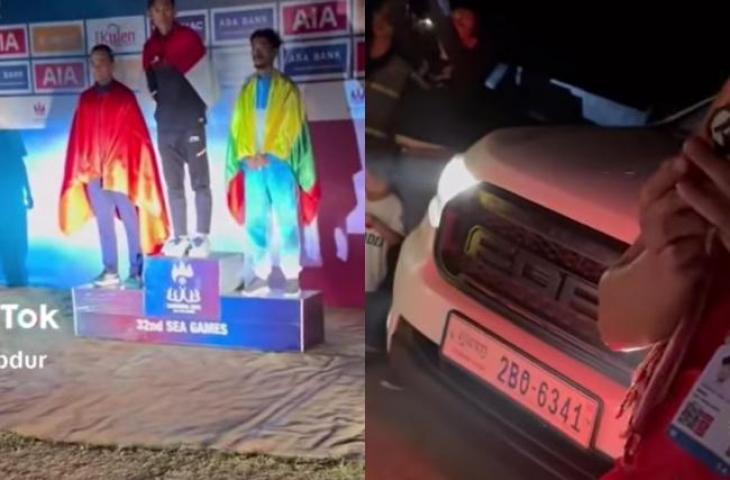 Podium SEA Games 2023 diterangi pakai lampu mobil. (TikTok/@bungabdur)