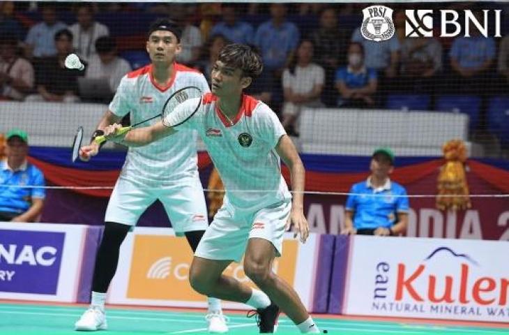 Ganda putra Indonesia Bagas Maulana dan Muhammad Shohibul Fikri di SEA Games 2023..(Instagram/@ina.badminton)