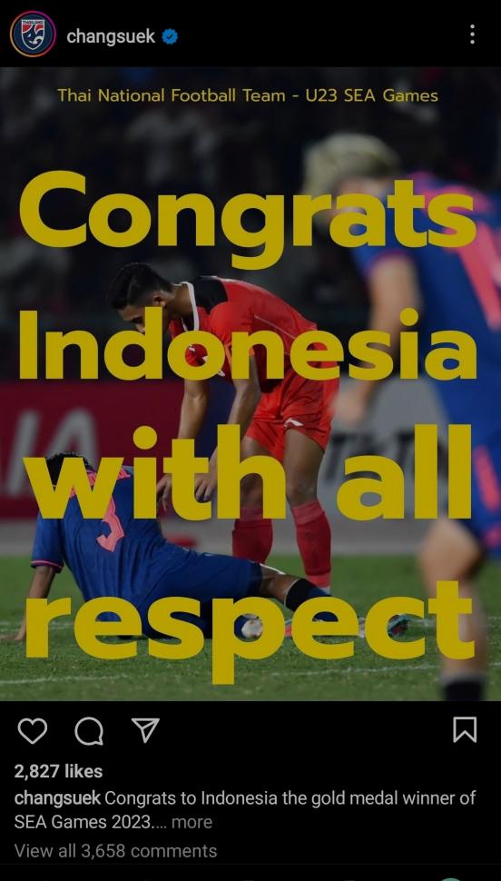 Akun Federasi Sepak Bola Thailand beri selamat Indonesia, tapi malah dihapus. (Instagram/changsuek)