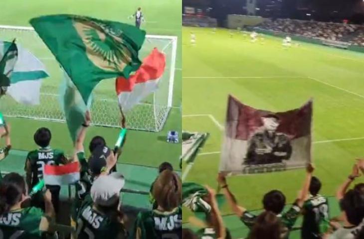 Suporter Tokyo Verdy bentangkan bendera Timnas Indonesia. (Twitter/@433euro)