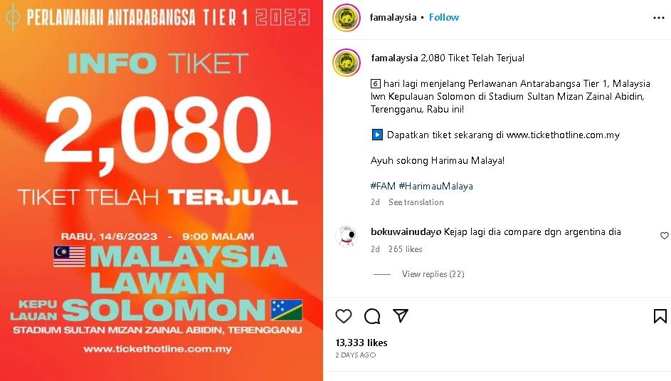 Tiket laga Malaysia vs Kepulauan Solomon. (Instagram/@famalaysia)