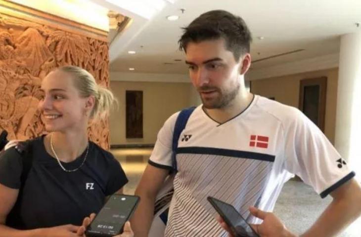 Ganda campuran asal Denmark, Mathias Christiansen/Alexandra Boje setelah latihan pra-turnamen BWF World Tour Finals 2021 di Nusa Dua, Bali, Selasa. (Antaranews/Roy Rosa Bachtiar)