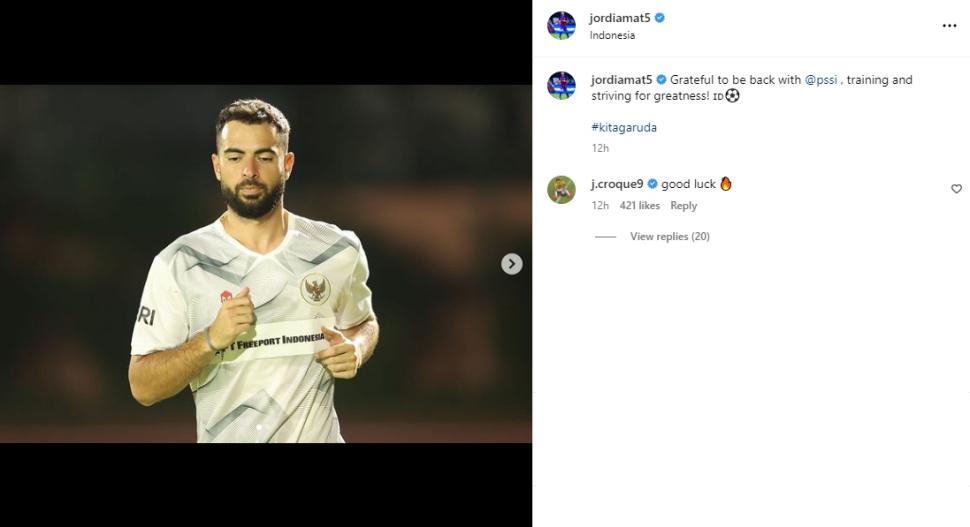 Postingan Jordi Amat dikomentari Jim Croque yang memberikan semangat. (Instagram/jordiamat5)