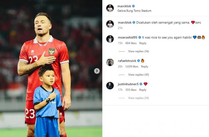 Justin Hubner nongol di unggahan Marc Klok yang bagikan momen timnas Indonesia vs Palestina. (Instagram/marcklok)