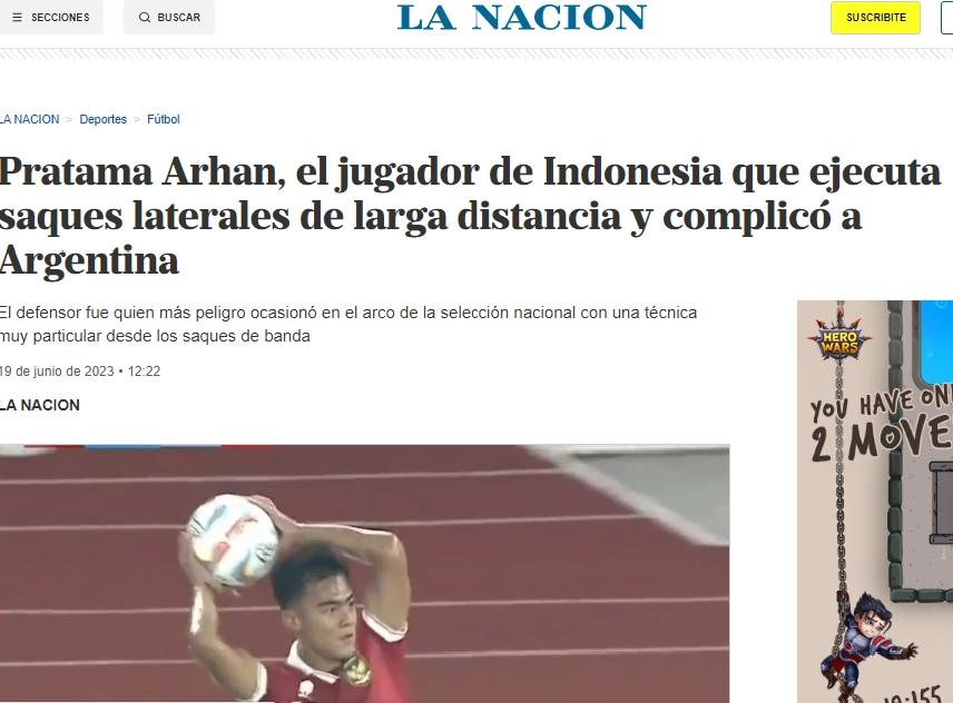 Pratama Arhan dapat pujian dari media Argentina. (La Nacion)