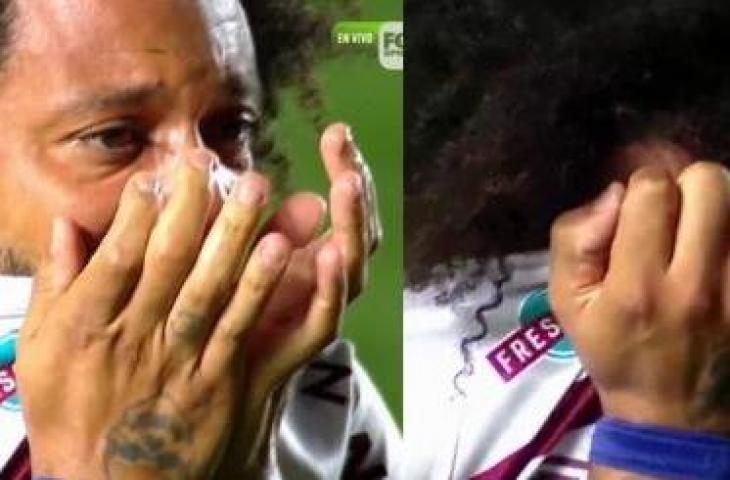 Marcelo menangis usai insiden horor tak sengaja patahkan kaki lawan. (Twitter/LIBERTA___DEPRE)