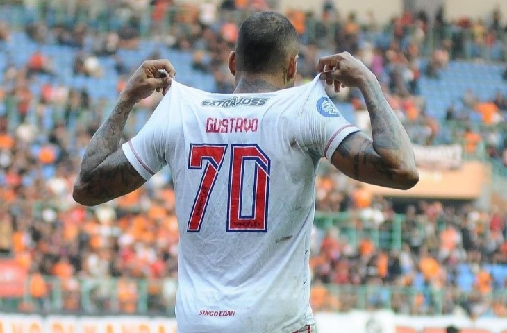 Gustavo Almeida seusai mencetak gol untuk Arema FC di Liga 1 musim ini 