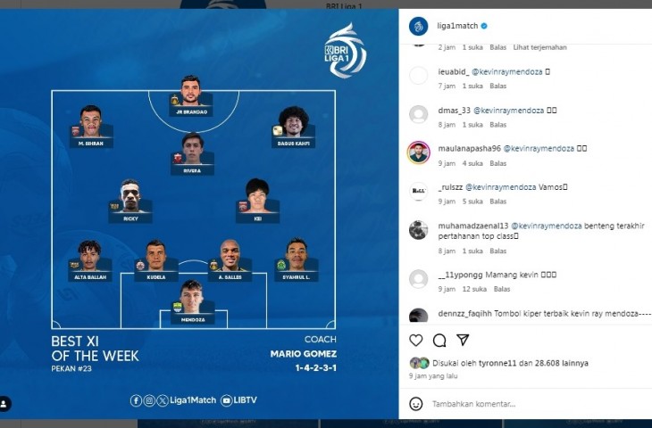 Kiper Persib Kevin Ray Mendoza masuk dalam daftar Best XI of The Week pekan 23 Liga 1. 