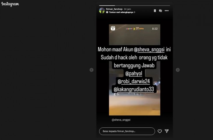 Informasi yang menyatakan akun Instagram kiper Persib, Putra Sheva Sanggasi kena hack. 