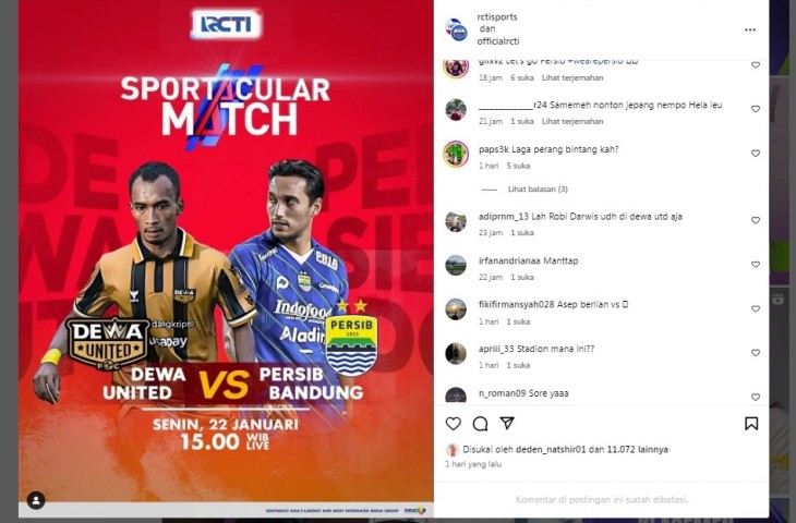 RCTI resmi menyiarkan laga uji coba Dewa United vs Persib. (Instagram RCTI)