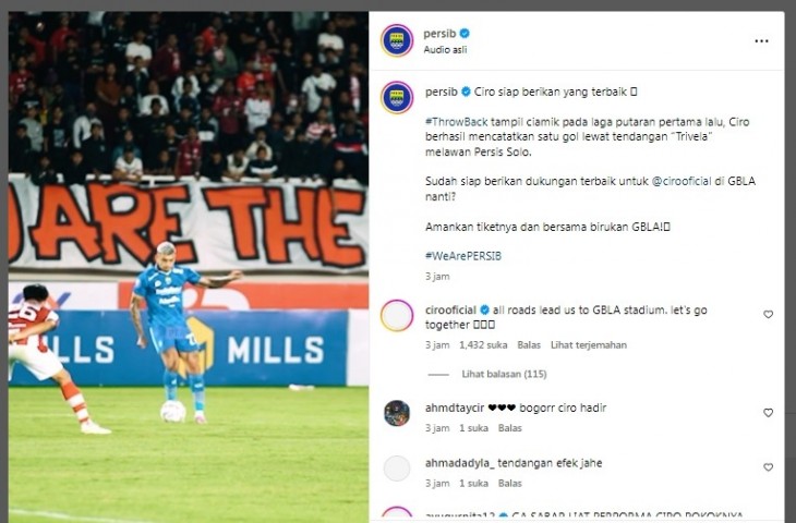 Unggahan Persib soal gol indah Ciro Alves ke gawang Persis. 