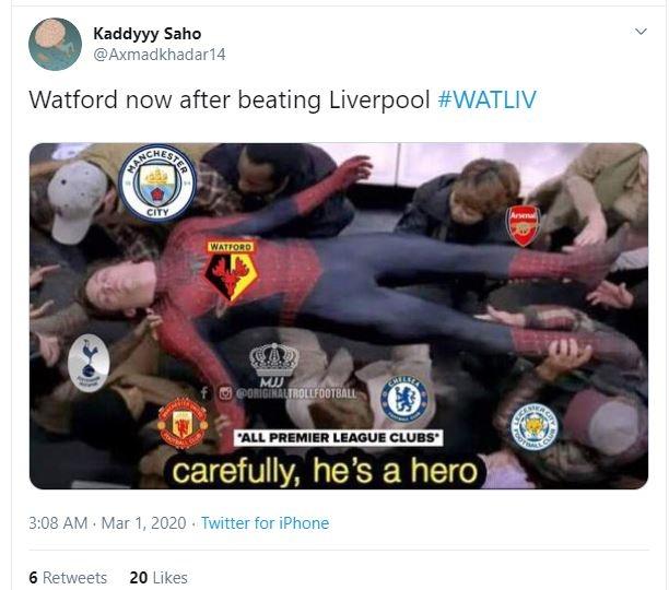 Meme Liverpool kalah dari Watford. (Twitter/ Axmadkhadar14)