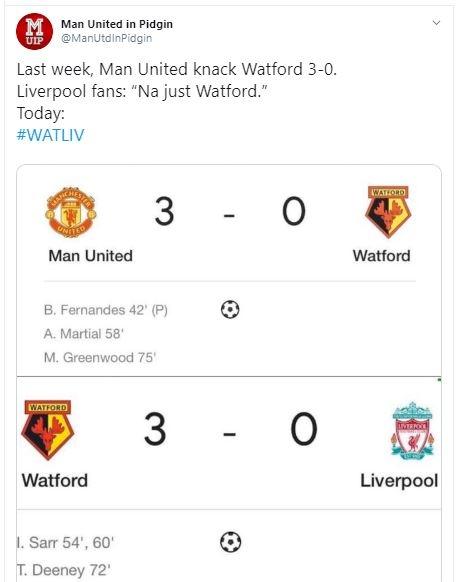 Meme Liverpool kalah dari Watford. (Twitter/ ManUtdInPidgin)