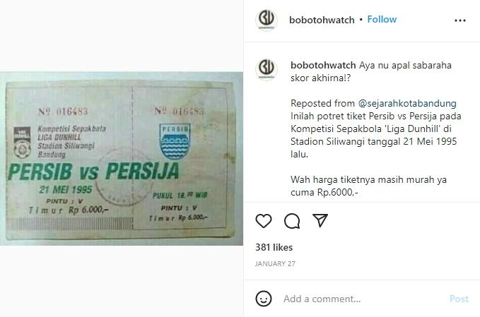 Harga tiket laga Persib melawan Persija tahun 1995. (instagram/bobotowatch)