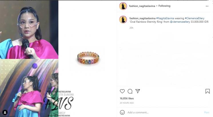 Nagita Slavina pakai cincin pelangi seharga Rp 33 juta. (Instagram/fashion_nagitaslavina)