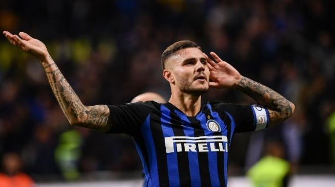 Striker Inter Milan asal Argentina Mauro Icardi merayakan golnya ke gawang AC Milan di San Siro stadium, Marco BERTORELLO / AFP