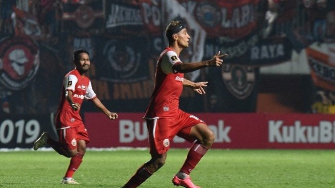 Selebrasi Pemain Persija Bruno Matos usai membobol gawang PSS Sleman. (dok. Media Persija)