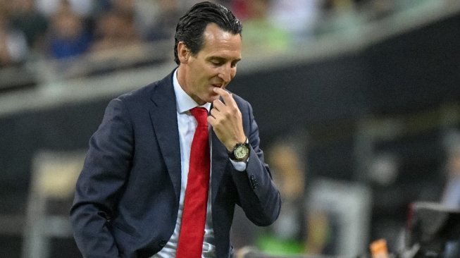 Reaksi manajer Arsenal, Unai Emery pada laga final Liga Europa 2018/19 kontra Chelsea di Stadion Olimpiade Baku, Azerbaijan, Kamis (30/5/2019) dini hari WIB, [Alexander NEMENOV / AFP]