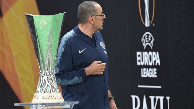 Pelatih Chelsea, Maurizio Sarri pada laga final Liga Europa 2018/19 kontra Arsenal di Stadion Olimpiade Baku, Azerbaijan, Kamis (30/5/2019) dini hari WIB. [Kirill KUDRYAVTSEV / AFP]