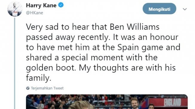 Tweet Harry Kane yang ikut mengucapkan belasungkawa atas kepergian anak pengidap kanker otak. (Twitter/@HKane)