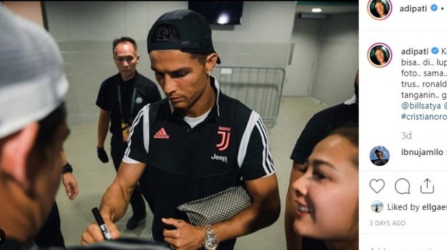 Artis Tanah Air, Adipati Dolken berkesempatan bertemu secara langsung dengan Cristiano Ronaldo. (Instagram/@adipati)