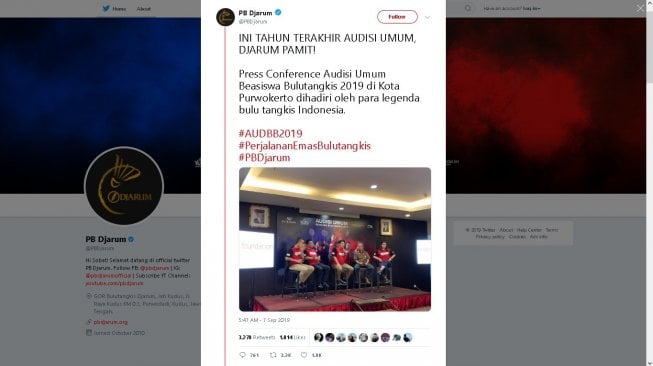 PB Djarum hentikan audisi umum beasiswa bulu tangkis - (Twitter/@PBDjarum)