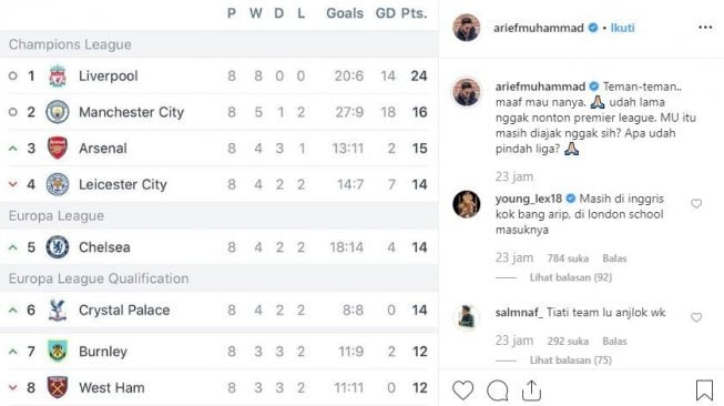 Unggahan Arier Muhammad soal Manchester United yang terpuruk di Liga Primer Inggris. (Instagram/ariefmuhammad)