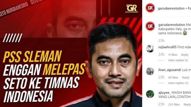 Tangkapan layar soal wacana pelatih PSS Sleman, Seto Nurdiantoro yang akan menukangi Timnas Indonesia. (Instagram/@garudarevolution)