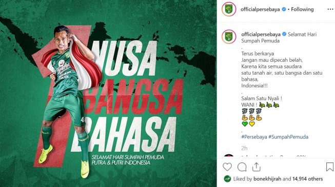 Persebaya Surabaya memperingati Hari Sumpah Pemuda di jejaring sosial Instagram. (Instagram/@officialpersebaya)