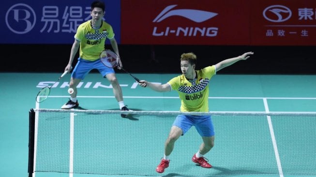 Pasangan ganda putra Indonesia, Kevin Sanjaya Sukamuljo/Marcus Fernaldi Gideon, melaju ke babak 8 Besar Fuzhou China Open 2019 usai menaklukkan wakil tuan rumah He Ji Ting/Tan Qiang, Kamis (7/11). [Humas PBSI]