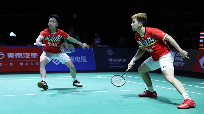 Pasangan ganda putra Indonesia, Kevin Sanjaya Sulamuljo/Marcus Fernaldi Gideon, menang atas wakil Jermann, Mark Lamsfuss/Marvin Seidel di perempat final Fuzhou China Open 2019, Jumat (8/11). [Humas PBSI]