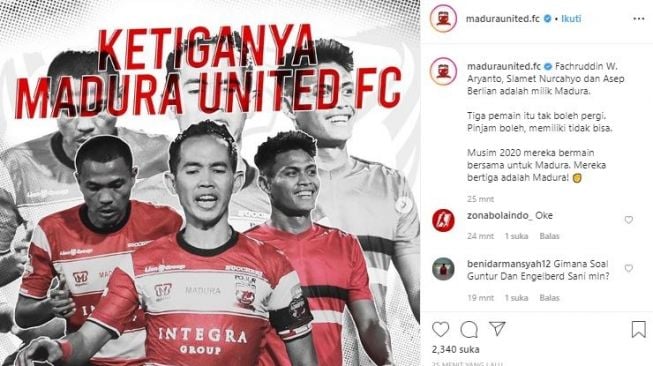 Madura United resmi pertahankan tiga pemain lama untuk Liga 1 2020. (Instagram/@maduraunited.fc).