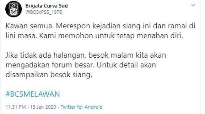 Cutan Brigata Curva Sud soal #BCSMELAWAN. (Twitter/@BCSxPSS_1976).