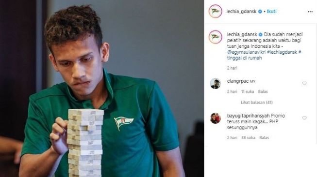 Lechia Gdansk unggah foto Egy Maulana sedang bermain jenga. (Instagram/@lechia_gdansk).