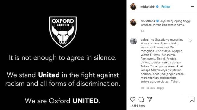 Oxford United ikut melakukan perlawanan pada tindakan rasisme. (Instagram/erickthohir)