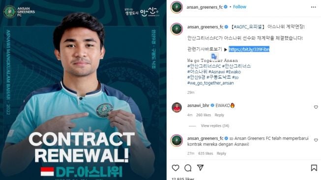 Asnawi Mangkualam resmi perpanjang kontrak dengan Ansan Greeners. (Instagram/ansan_greeners_fc)