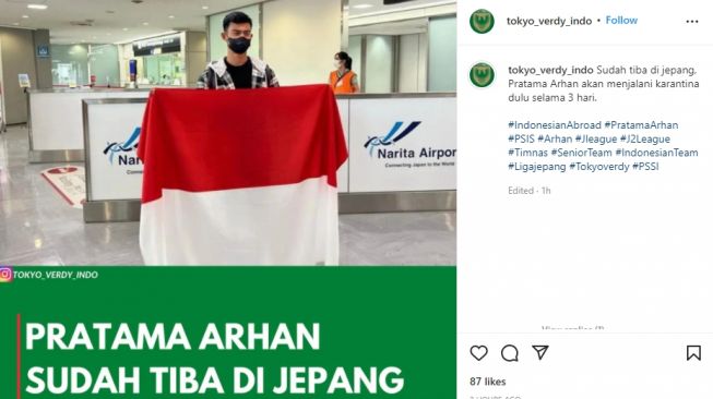 Pratama Arhan tiba di Jepang. (Instagram/tokyo_verdy_indo)