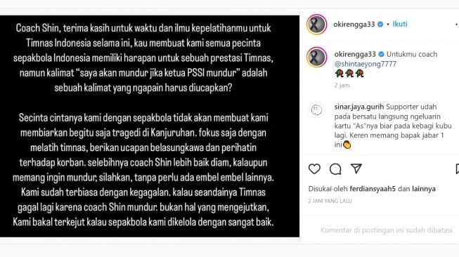 Pesan komika Oki Rengga untuk pelatih Shin Tae-yong (Instagram @okirengga33)