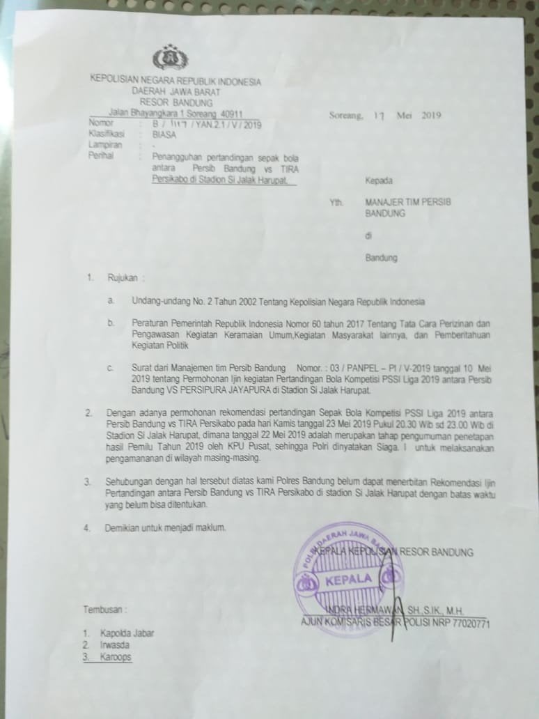 Surat penundaan laga Persib vs Tira-Persikabo (dok. Kemenpora).