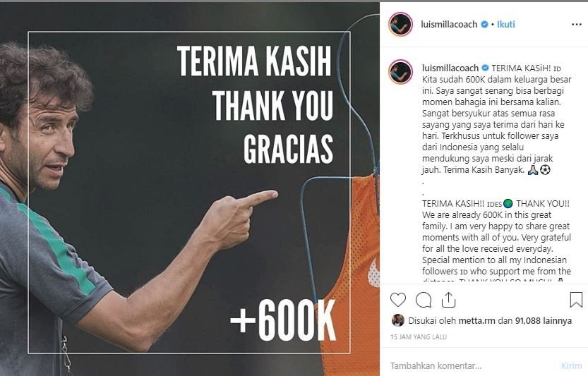 Luis Milla berterima kasih secara khusus kepada follower asal Indonesia.