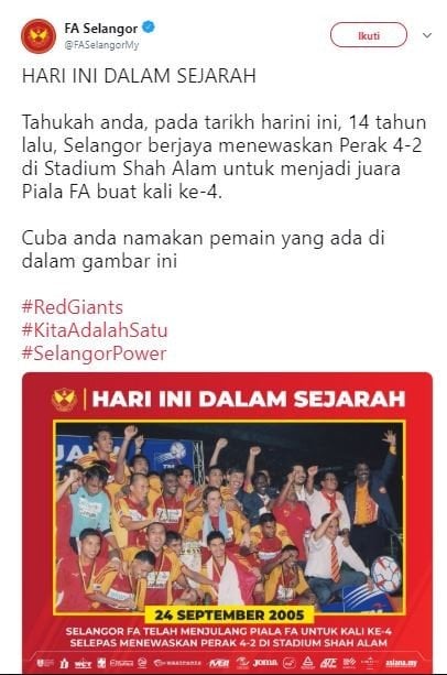 Cuitan Selangor FA. (Twitter/@FASelangormy).