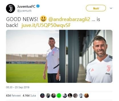 Andrea Barzagli resmi kembali ke Juventus. (Twitter/@juventusfc).