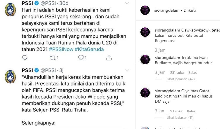 Screenshoot kicauan PSSI soal keberhasilan jadi tuan rumah Piala Dunia U-20. [@siorangdalam / Instagram]