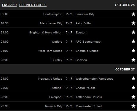 Jadwal Liga Inggris pekan ke-10 [Sumber: Livescore]