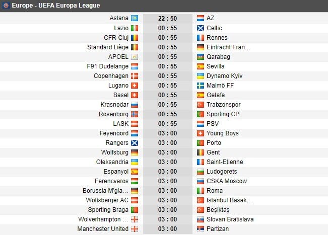 Jadwal Liga Europa 2019/2020 matchday 4. [Soccerway]